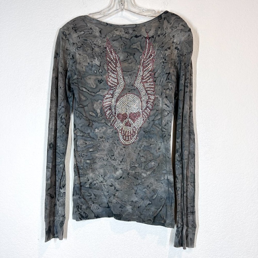 Vintage Henley Top T-Shirt Y2K Gray Pink Retro Streetwear Medium